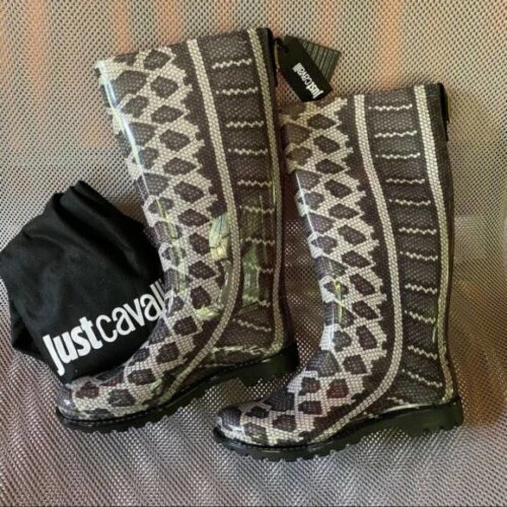 Just Cavalli Wellington Rain Snakeskin Pattern Boots Size 6 NEW